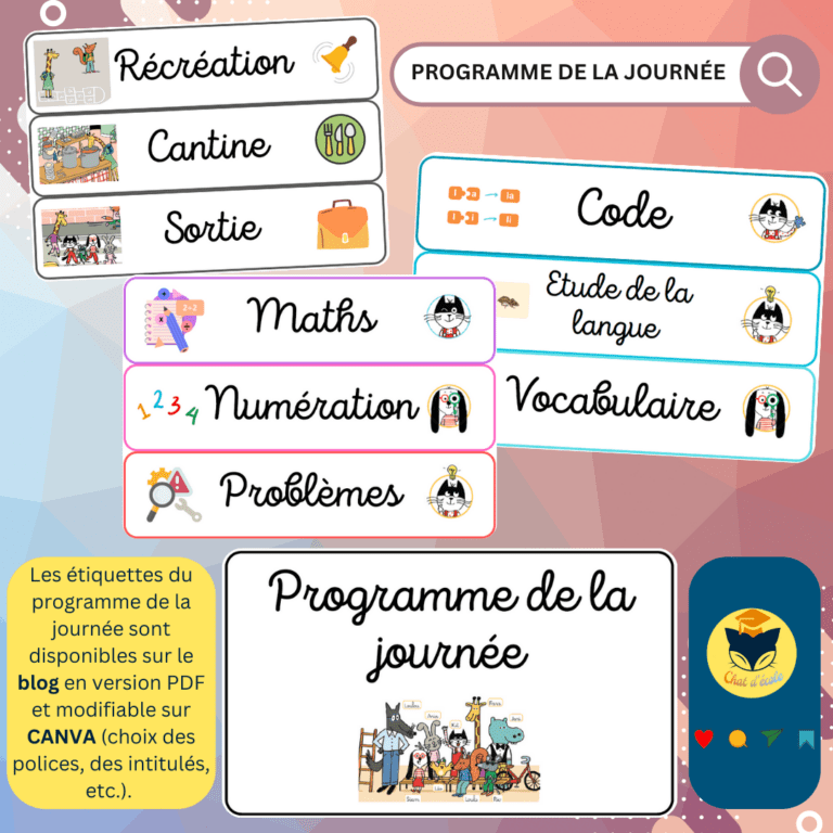 Etiquettes du programme du jour – Chat d'école