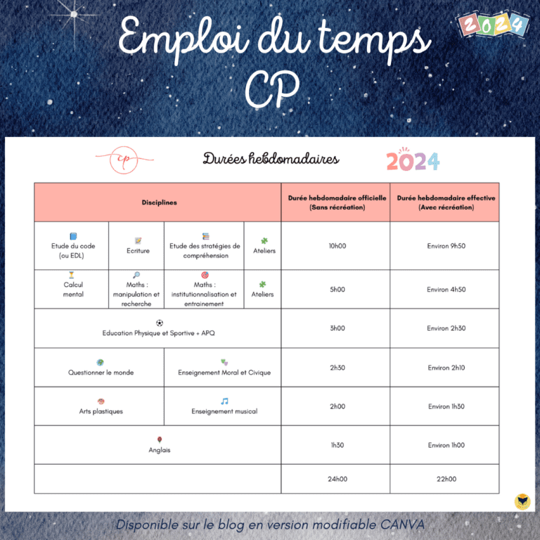 Emploi du temps CP 2024-2025 – Chat d'école