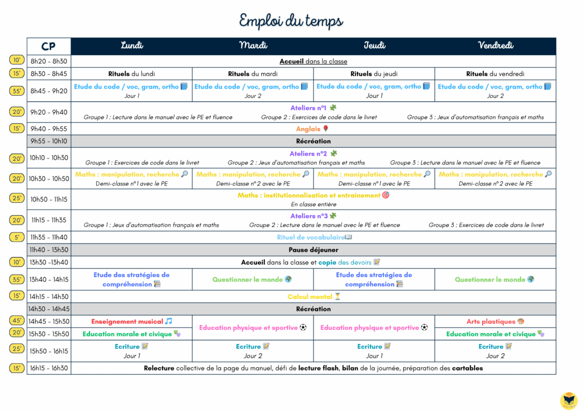 Emploi du temps CP 2025 – 2026 – Chat d'école