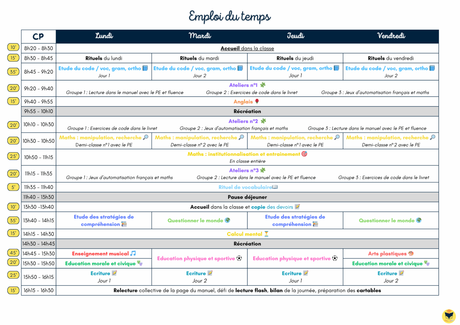 Emploi du temps CP 2025 – 2026 – Chat d'école